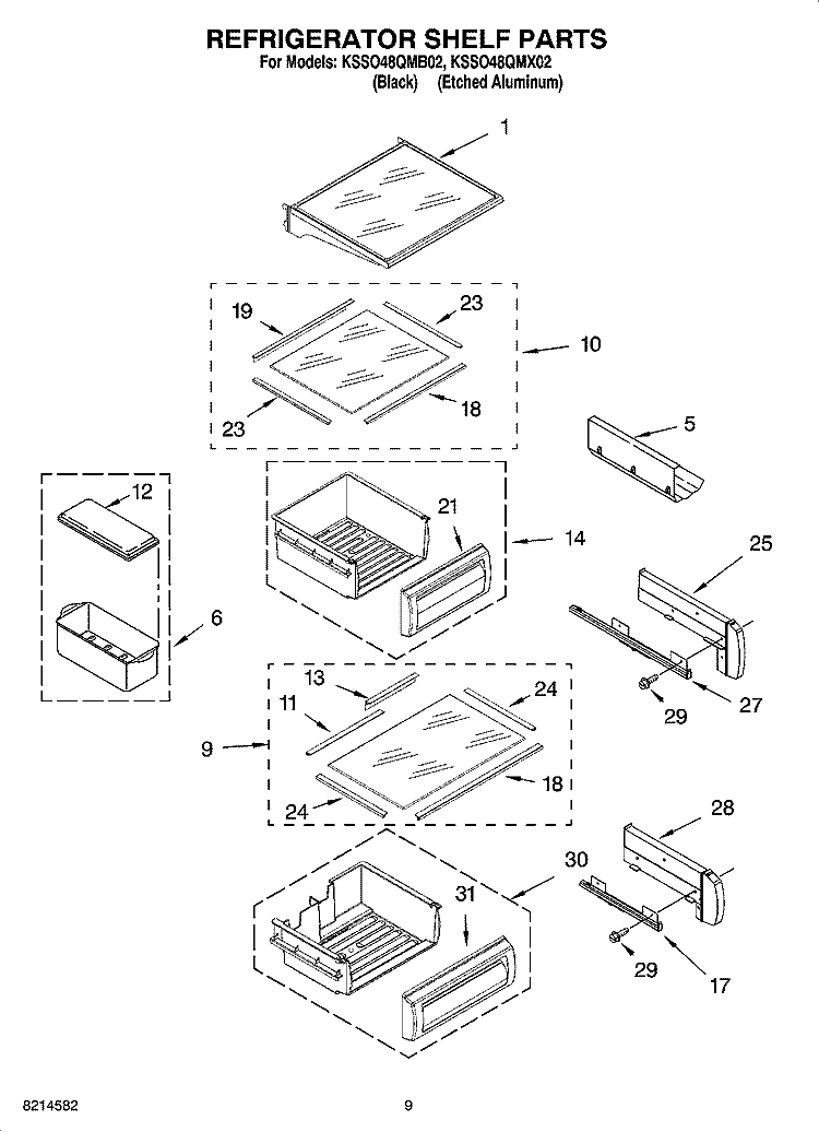 REFRIGERATOR SHELF PARTS Diagram and Parts List for KSSO48QMX02  KitchenAid Refrigerator