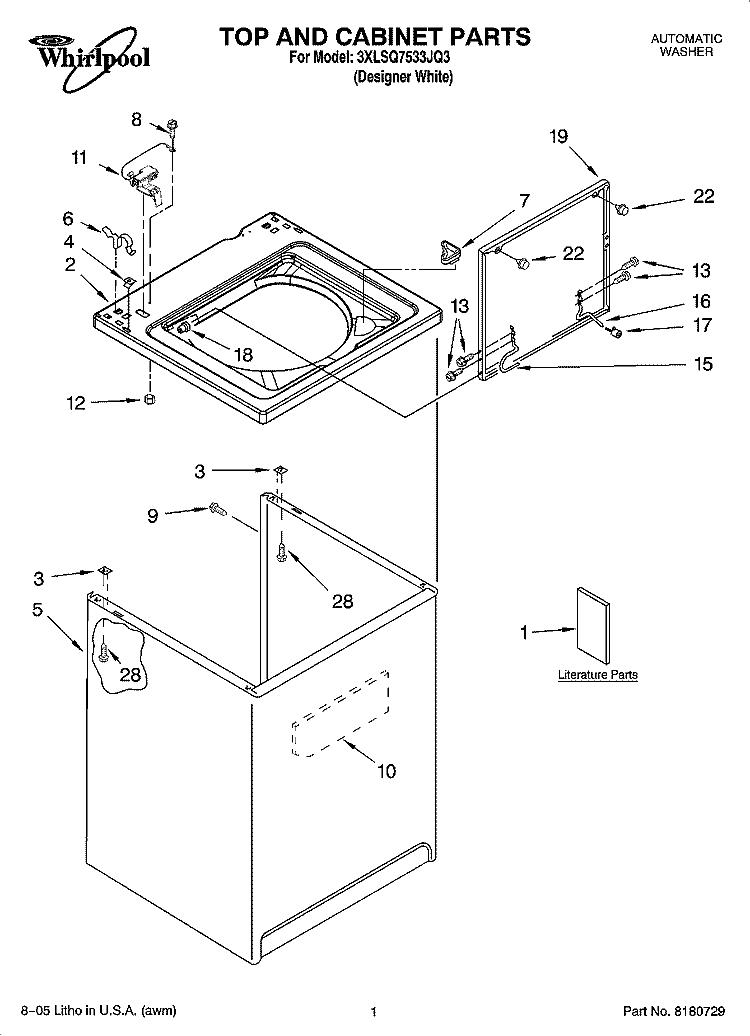 TOP AND CABINET PARTS Diagram and Parts List for 3XLSQ7533JQ3  Whirlpool Washer
