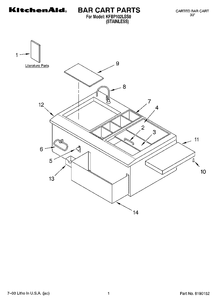 BAR CART PARTS Diagram and Parts List for KFBP102LSS0  Whirlpool Miscellaneous