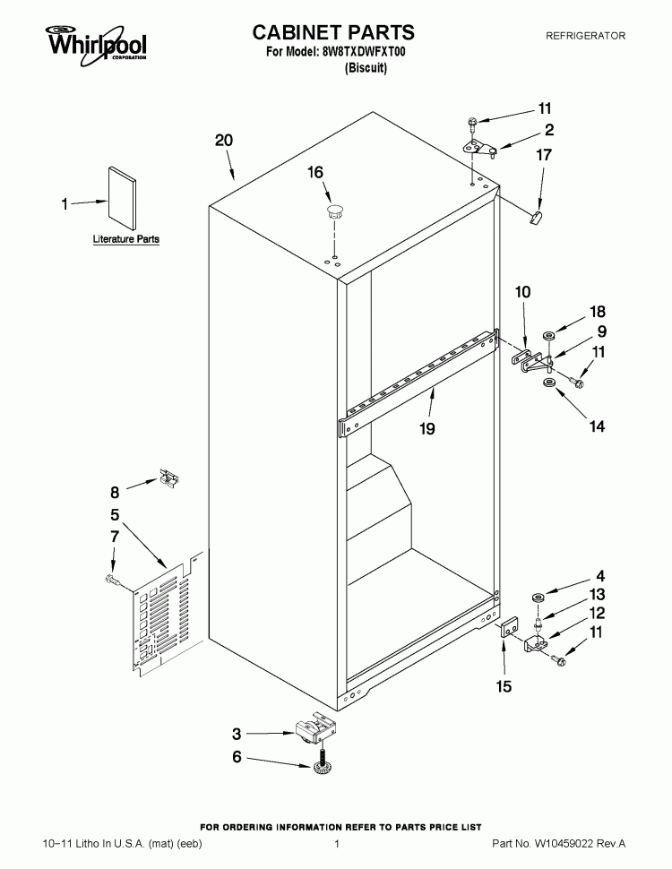 CABINET PARTS Diagram and Parts List for 8W8TXDWFXT00  Whirlpool Refrigerator