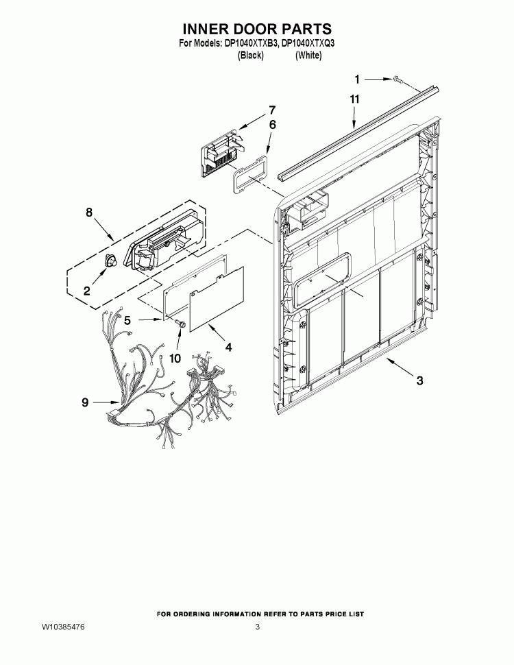 INNER DOOR PARTS Diagram and Parts List for DP1040XTXB3  Whirlpool Dishwasher
