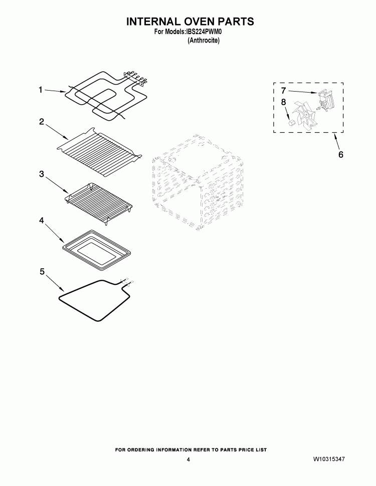 INTERNAL OVEN PARTS Diagram and Parts List for IBS224PWM0  Whirlpool Wall Oven
