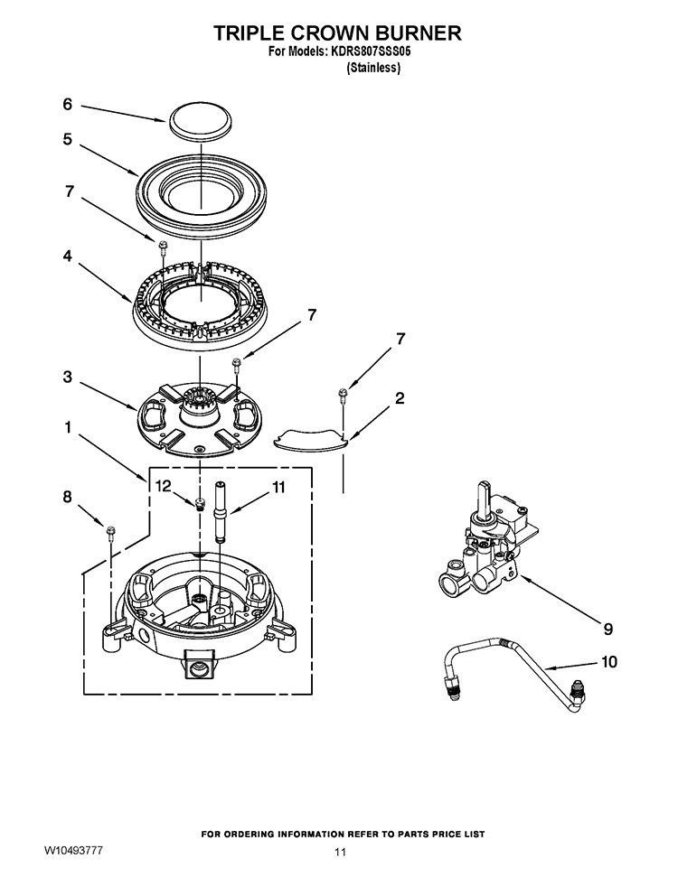 TRIPLE CROWN BURNER Diagram and Parts List for KDRS807SSS05  KitchenAid Range