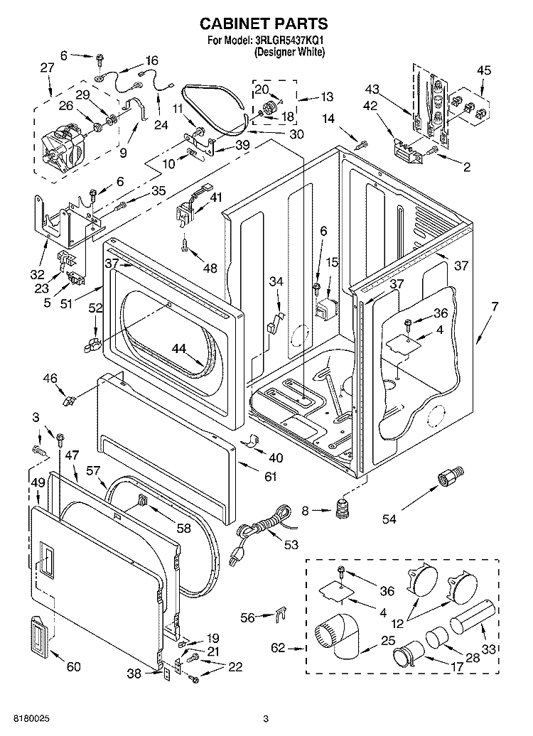 CABINET PARTS Diagram and Parts List for 3RLGR5437KQ1  Whirlpool Dryer