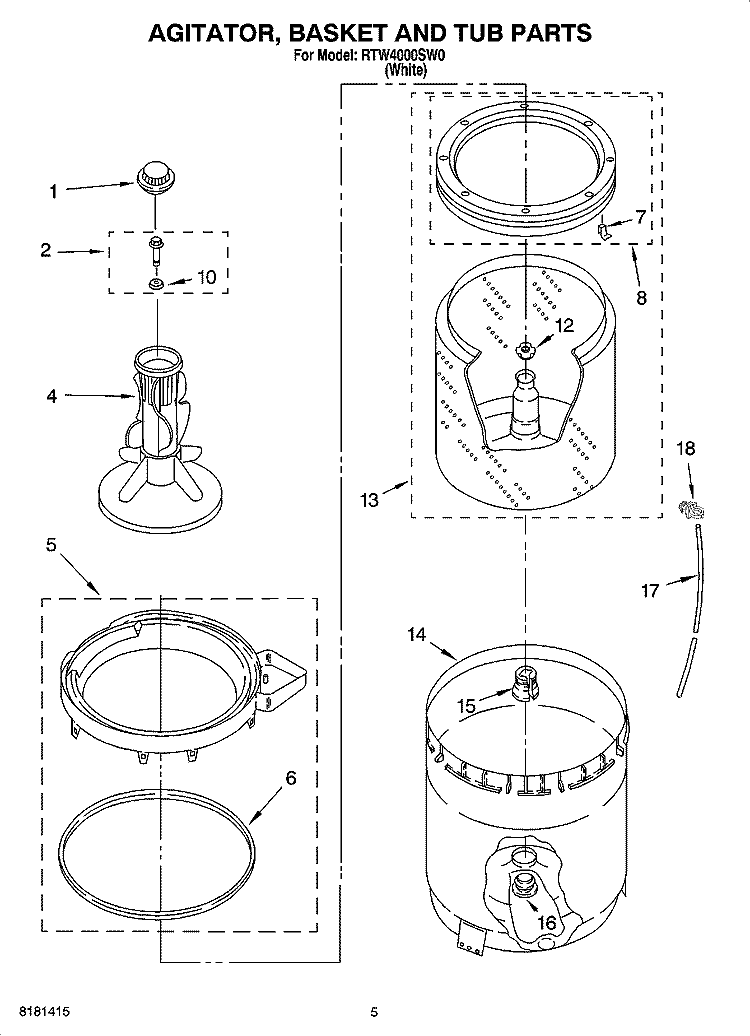 AGITATOR, BASKET AND TUB PARTS Diagram and Parts List for RTW4000SW0  Roper Washer