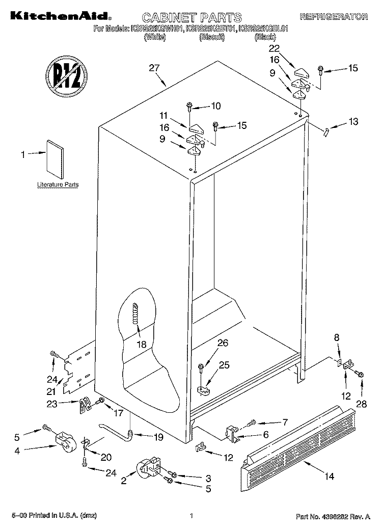 CABINET, LITERATURE Diagram and Parts List for KSRS25KGWH01  KitchenAid Refrigerator