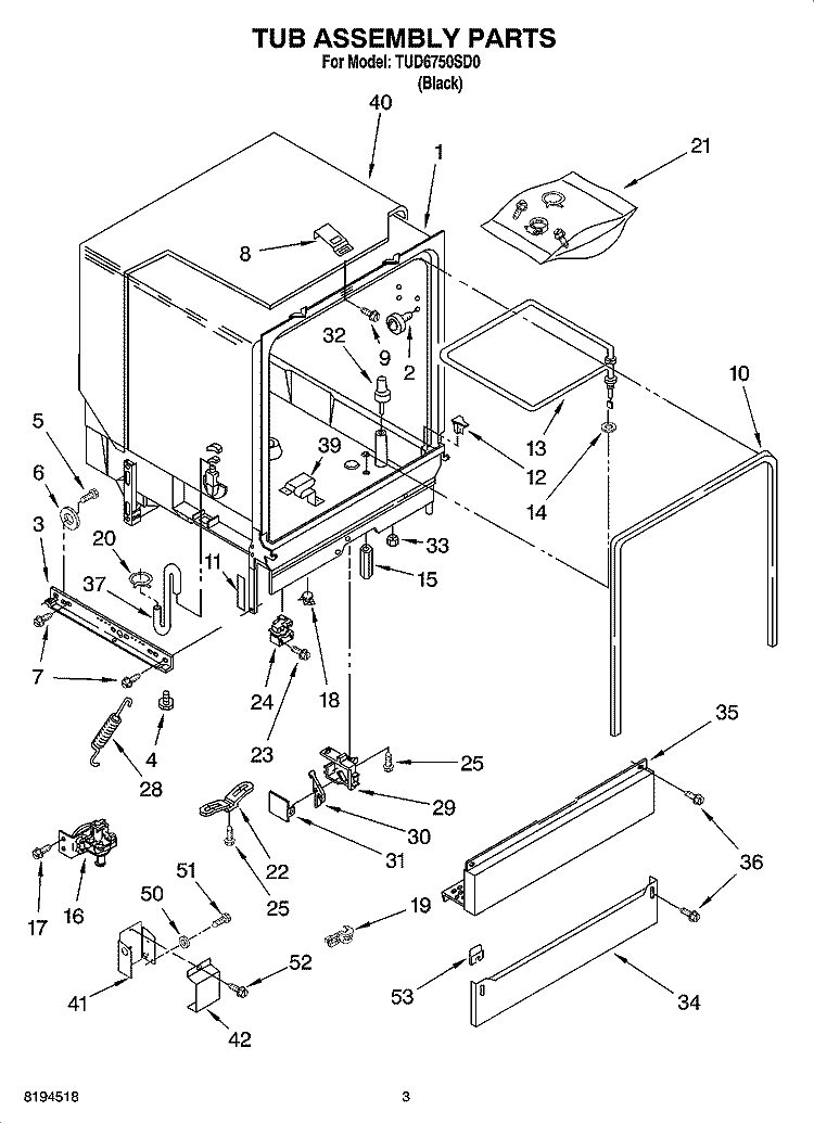 TUB ASSEMBLY PARTS Diagram and Parts List for TUD6750SD0  Estate Dishwasher