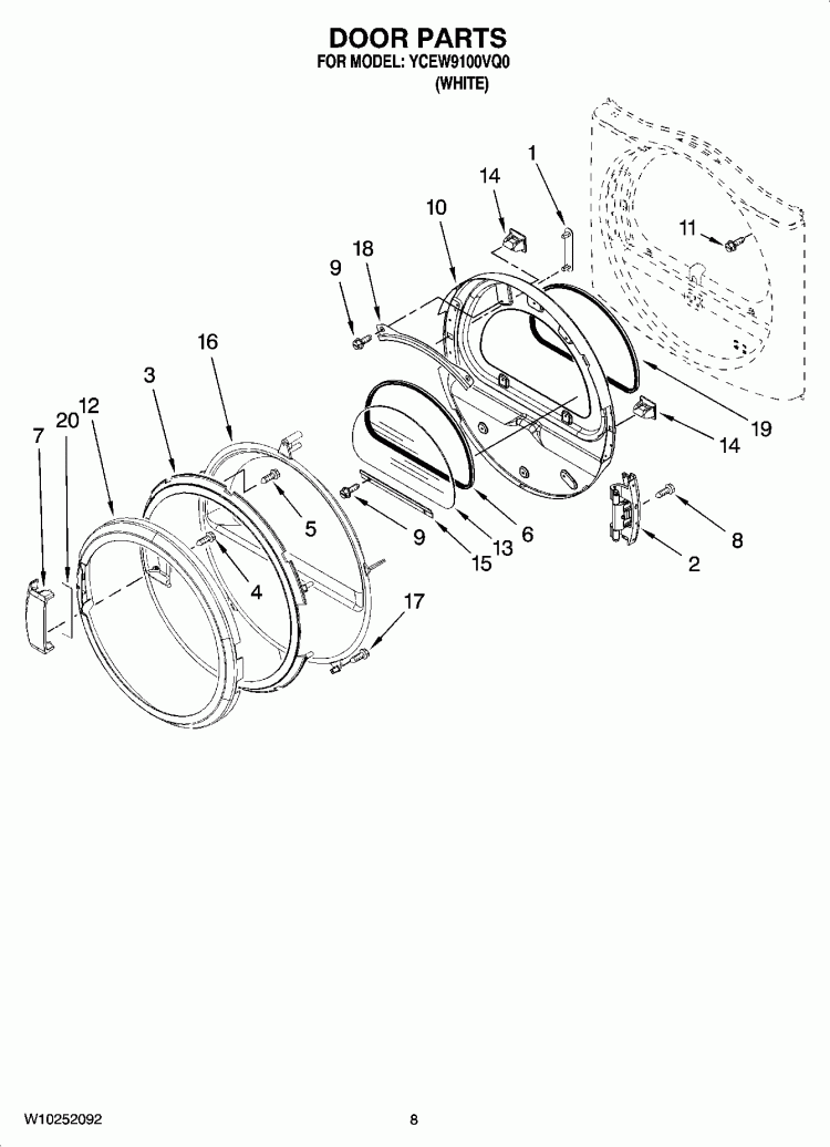 DOOR PARTS, OPTIONAL PARTS (NOT INCLUDED) Diagram and Parts List for YCEW9100VQ0  Whirlpool Dryer