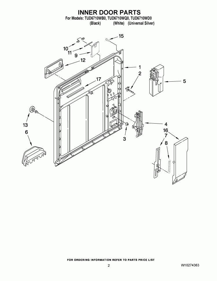 INNER DOOR PARTS Diagram and Parts List for TUD6710WD0  Estate Dishwasher
