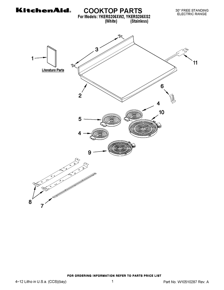 COOKTOP PARTS Diagram and Parts List for YKERS206XS2  KitchenAid Range