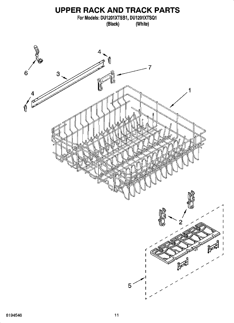 UPPER RACK AND TRACK PARTS Diagram and Parts List for DU1201XTSQ1  Whirlpool Dishwasher
