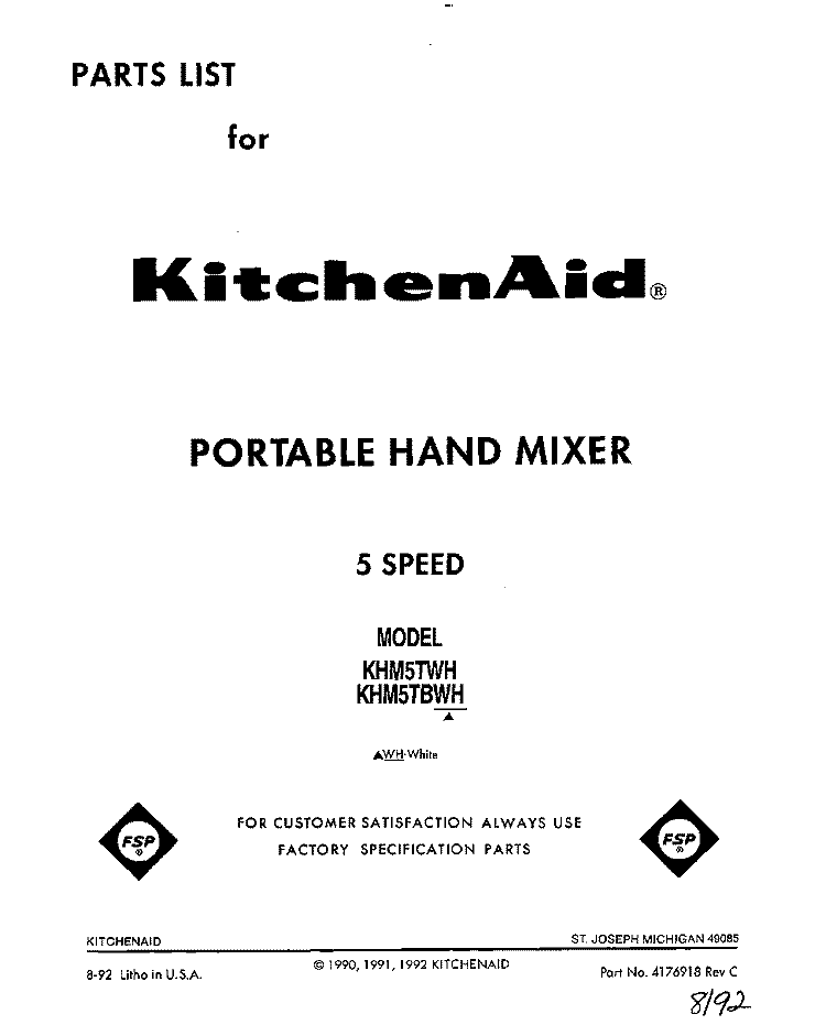 SECTION Diagram and Parts List for KHM5TWH  KitchenAid Mixer