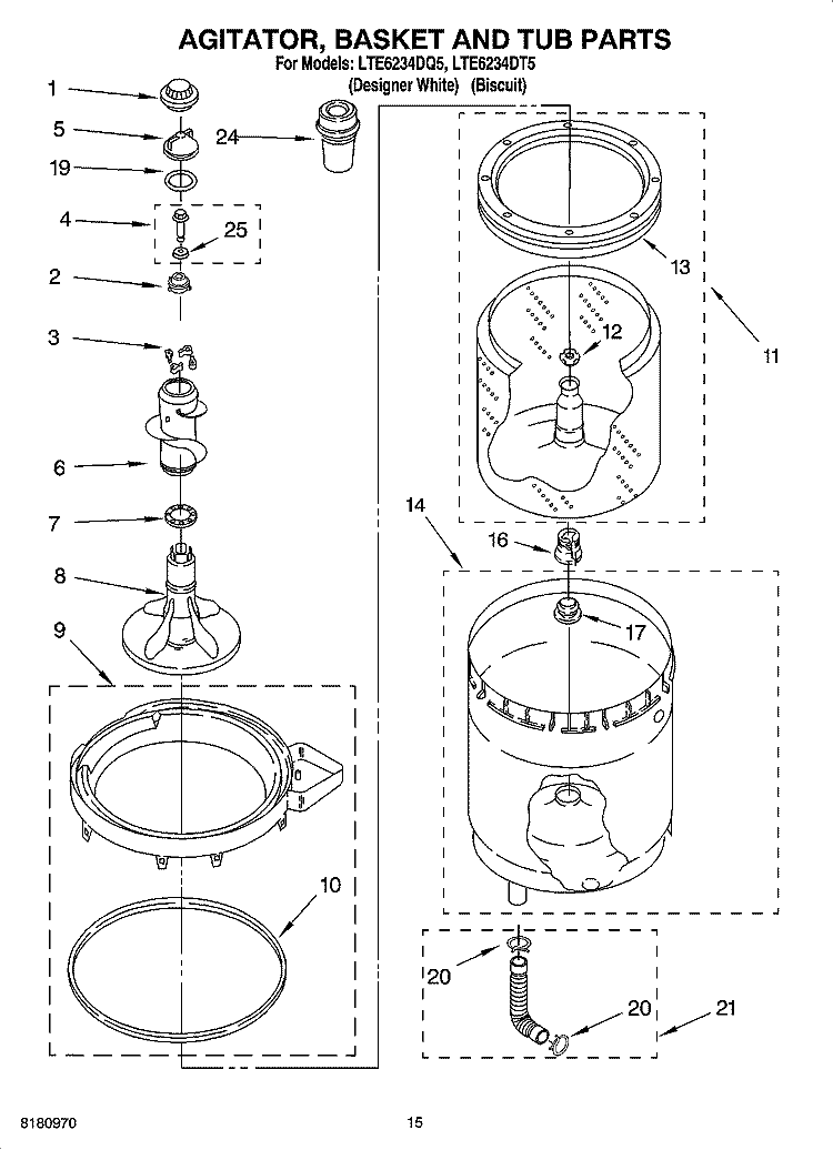 AGITATOR, BASKET AND TUB PARTS Diagram and Parts List for LTE6234DQ5  Whirlpool Washer Dryer Combo