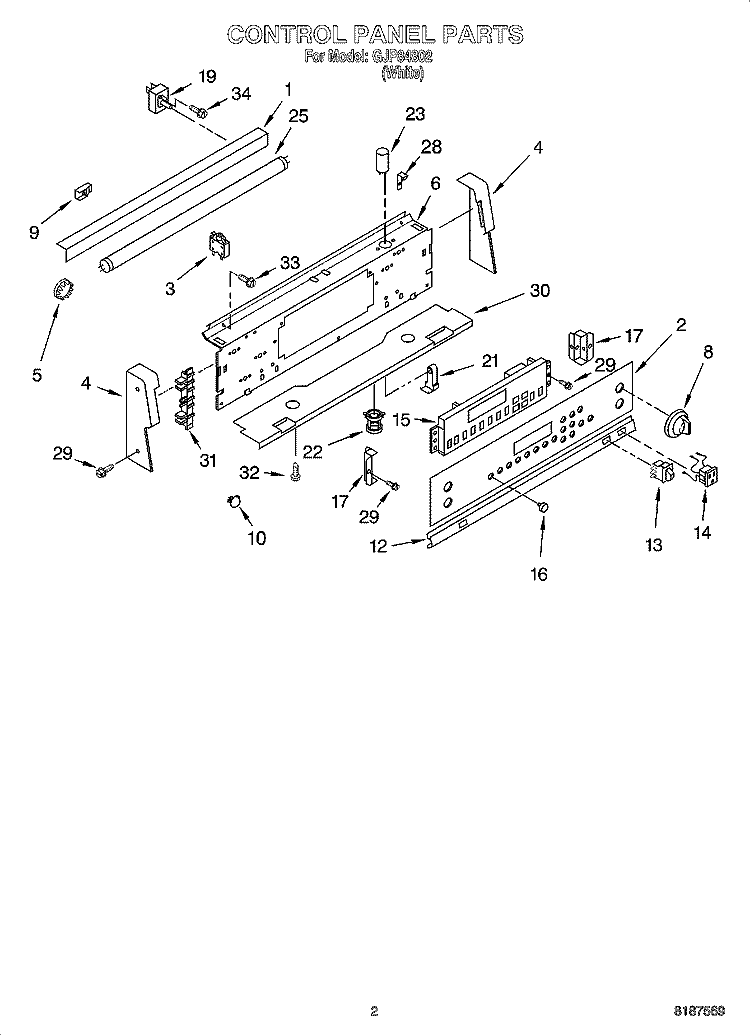 CONTROL PANEL PARTS Diagram and Parts List for GJP84802  Whirlpool Range