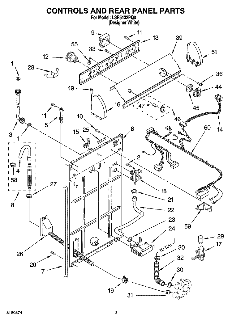 CONTROLS AND REAR PANEL PARTS Diagram and Parts List for LSR5132PQ0  Whirlpool Washer