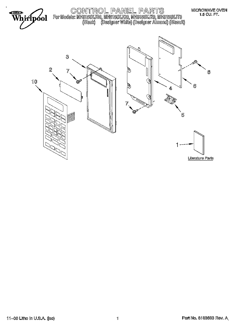 CONTROL PANEL, LITERATURE Diagram and Parts List for MH8150XJT0  Whirlpool Microwave