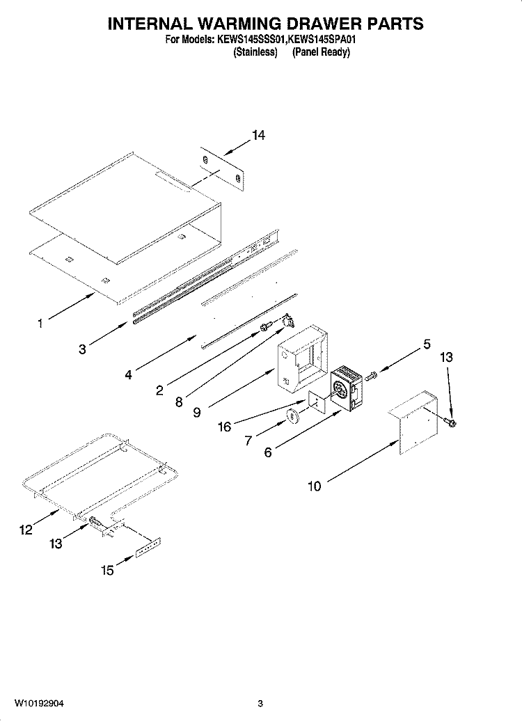 INTERNAL WARMING DRAWER PARTS Diagram and Parts List for KEWS145SPA01  KitchenAid Warming Drawer