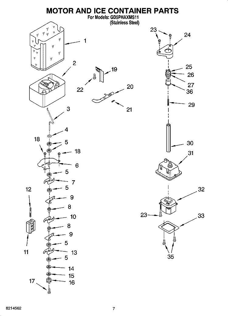 MOTOR AND ICE CONTAINER PARTS Diagram and Parts List for GD5PHAXMS11  Whirlpool Refrigerator
