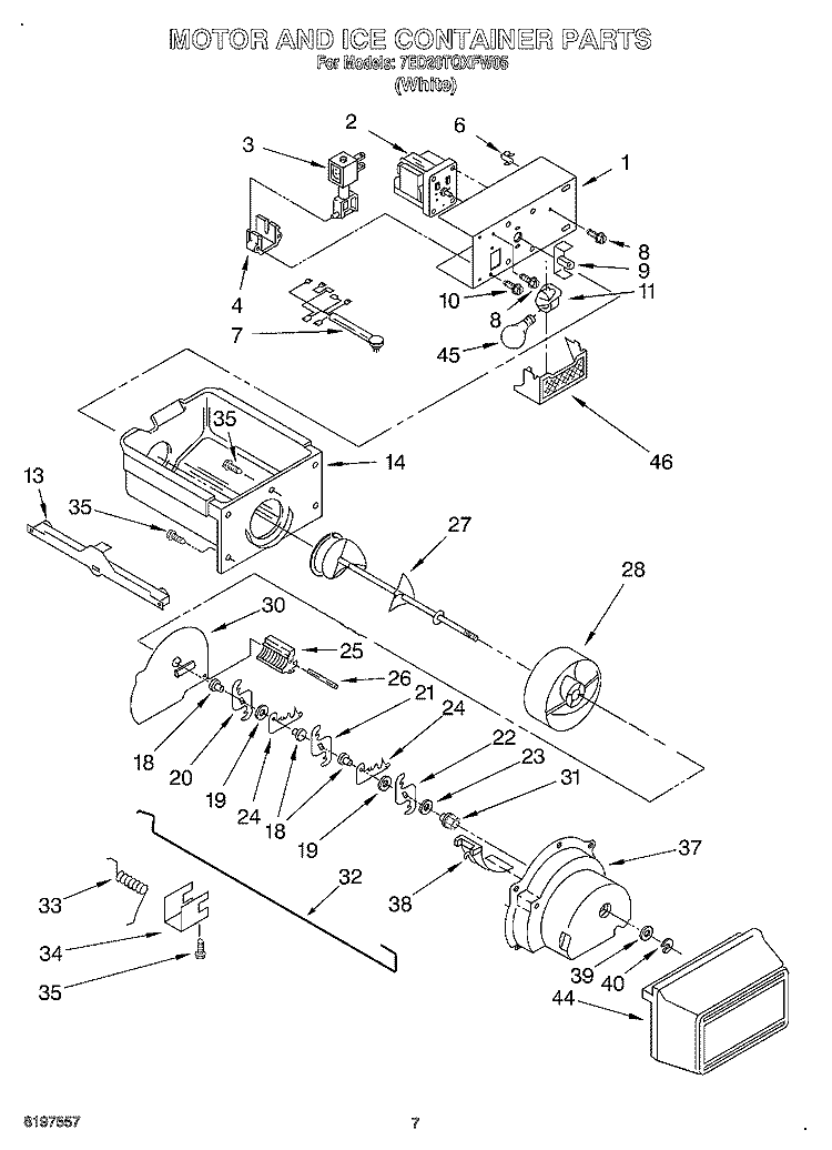 MOTOR AND ICE CONTAINER Diagram and Parts List for 7ED20TQXFW05  Whirlpool Refrigerator