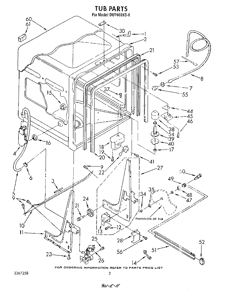 TUB , LIT/OPTIONAL Diagram and Parts List for DU7600XS6  Whirlpool Dishwasher