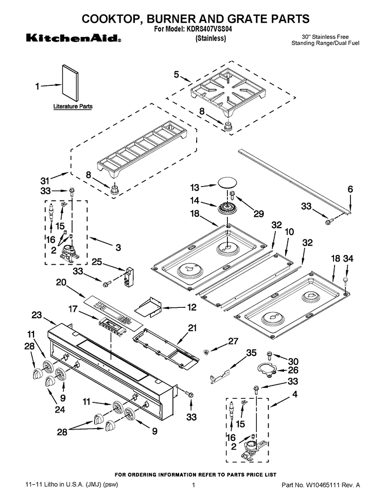 COOKTOP, BURNER AND GRATE PARTS Diagram and Parts List for KDRS407VSS04  KitchenAid Range