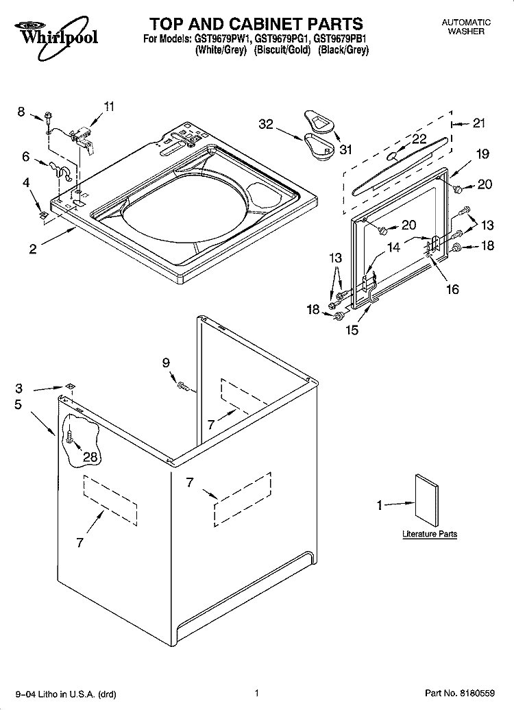 TOP AND CABINET PARTS Diagram and Parts List for GST9679PW1  Whirlpool Washer