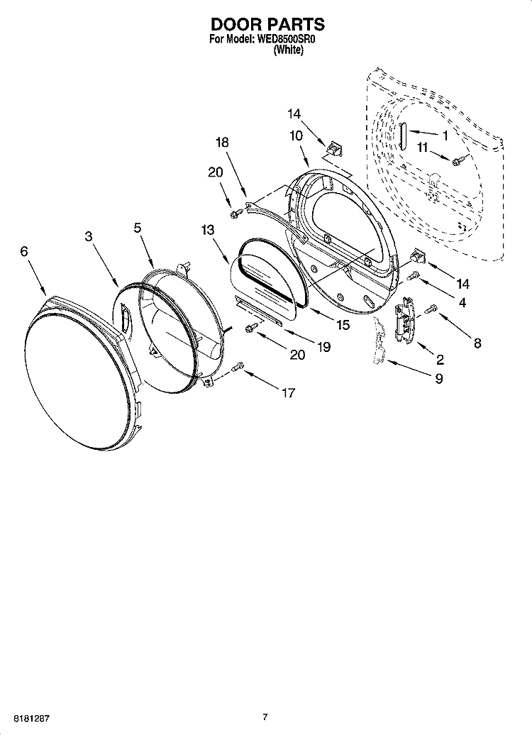 DOOR PARTS, OPTIONAL PARTS (NOT INCLUDED) Diagram and Parts List for WED8500SR0  Whirlpool Dryer