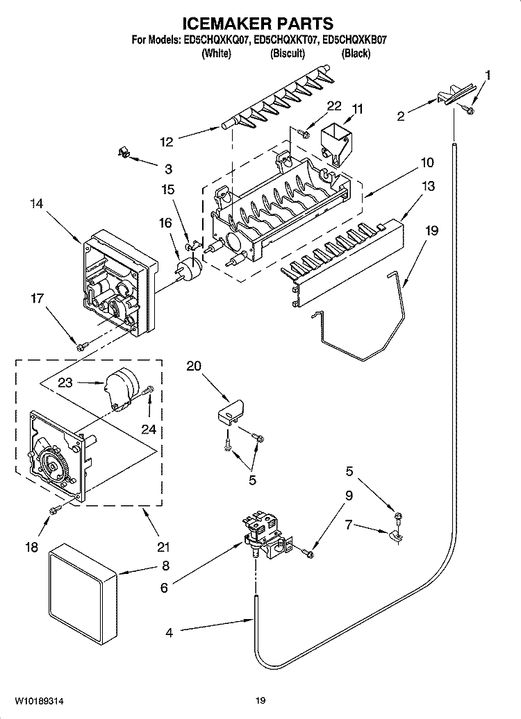 ICEMAKER PARTS, OPTIONAL PARTS Diagram and Parts List for ED5CHQXKT07  Whirlpool Refrigerator