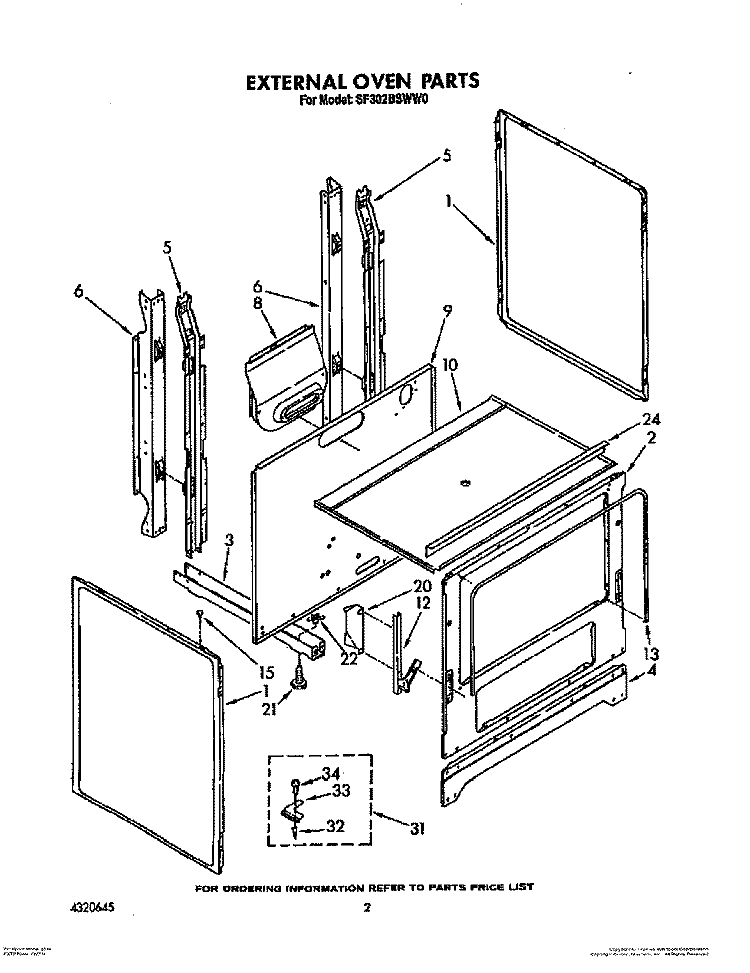 EXTERNAL OVEN Diagram and Parts List for SF302BSWW0  Whirlpool Range