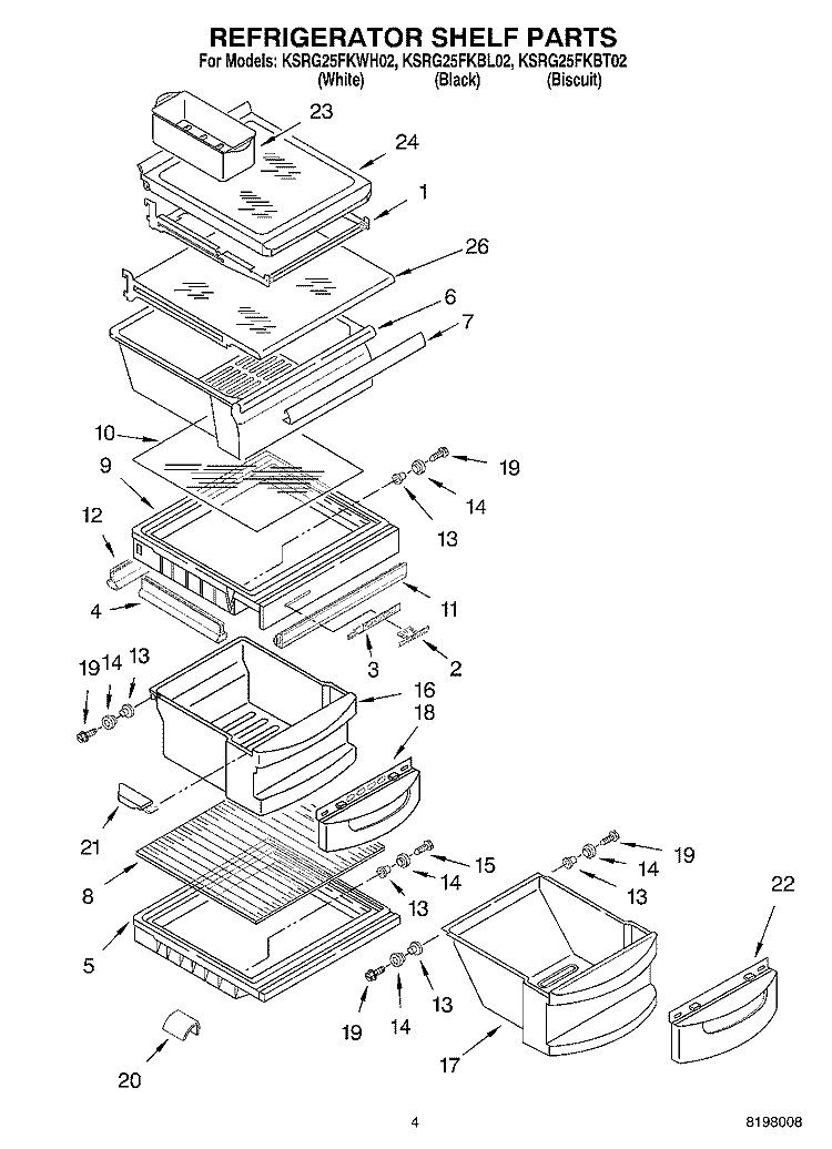 REFRIGERATOR SHELF PARTS Diagram and Parts List for KSRG25FKBL02  KitchenAid Refrigerator