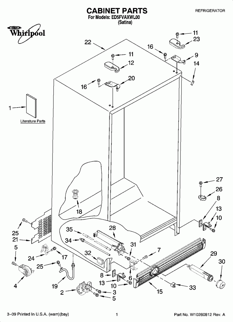 CABINET PARTS Diagram and Parts List for ED5FVAXWL00  Whirlpool Refrigerator