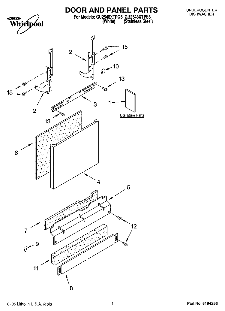 DOOR AND PANEL PARTS Diagram and Parts List for GU2548XTPS6  Whirlpool Dishwasher