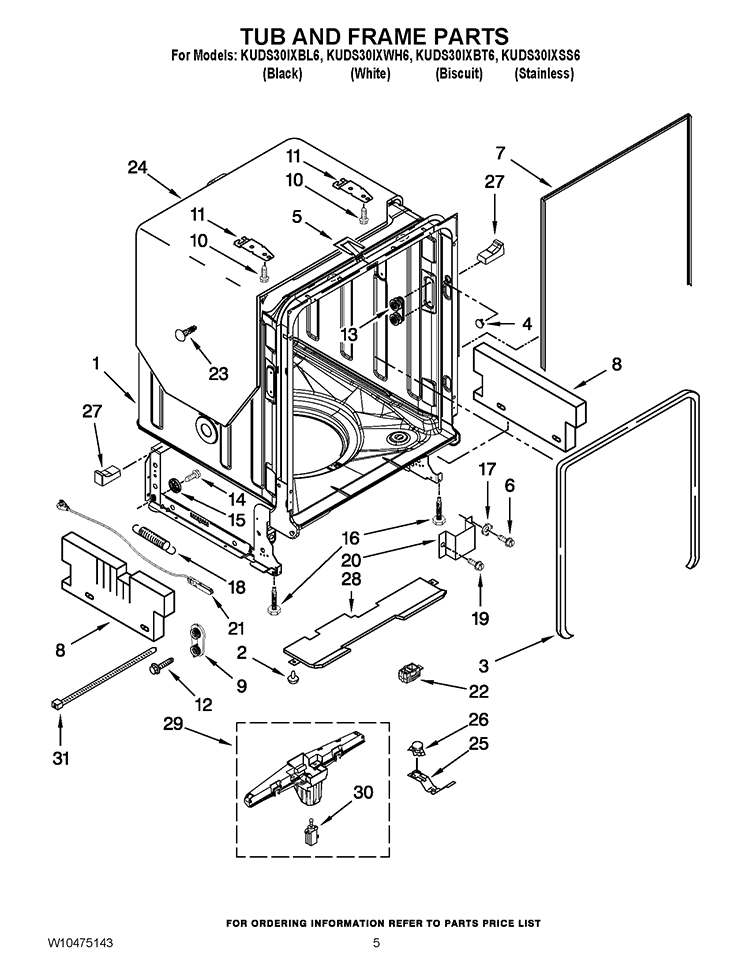 TUB AND FRAME PARTS Diagram and Parts List for KUDS30IXBT6  KitchenAid Dishwasher