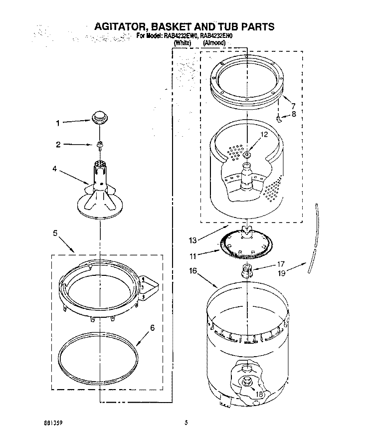 AGITATOR, BASKET AND TUB Diagram and Parts List for RAB4232EW0  Roper Washer