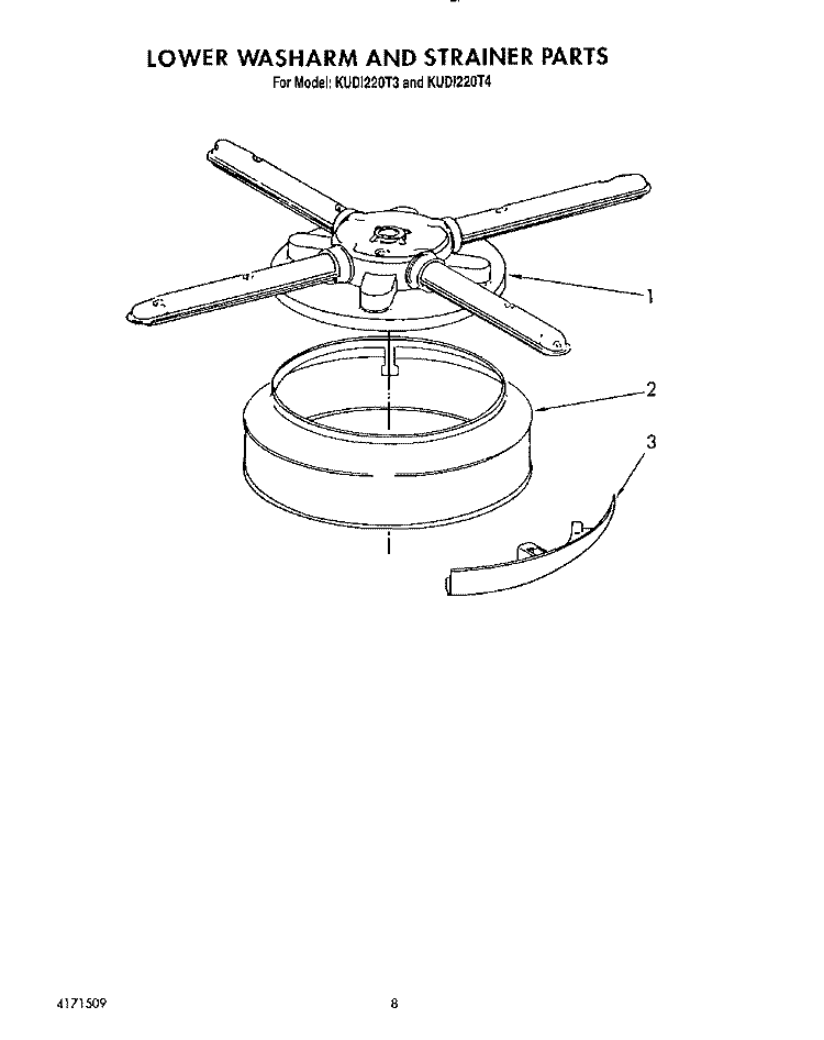 LOWER WASHARM AND STRAINER Diagram and Parts List for KUDI220T3  KitchenAid Dishwasher