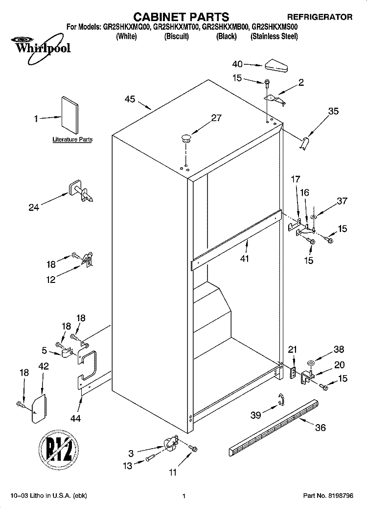 CABINET PARTS Diagram and Parts List for GR2SHKXMQ00  Whirlpool Refrigerator