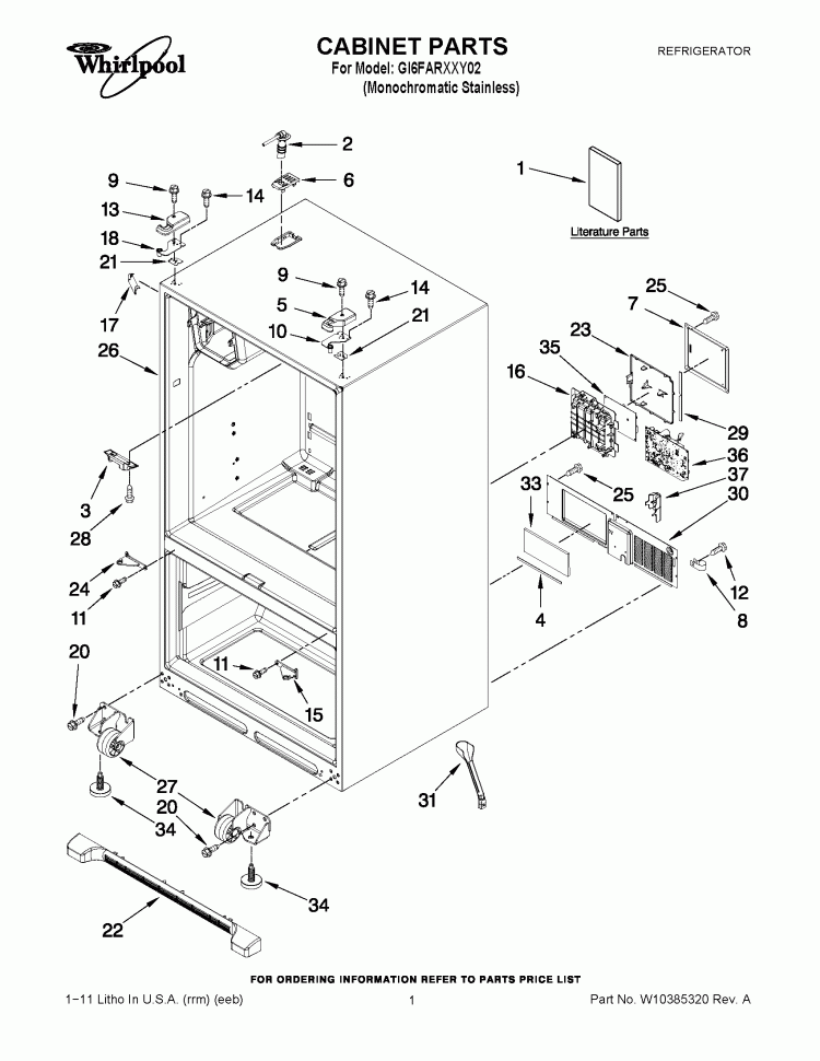 CABINET PARTS Diagram and Parts List for GI6FARXXY02  Whirlpool Refrigerator