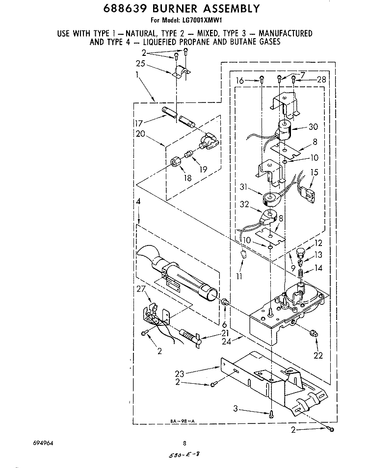 688639 BURNER ASSEMBLY Diagram and Parts List for LG7001XMW1  Whirlpool Dryer