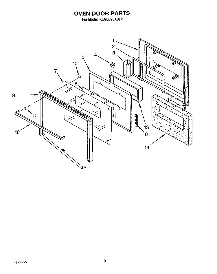 OVEN DOOR Diagram and Parts List for KEMS378XWH2  KitchenAid Wall Oven