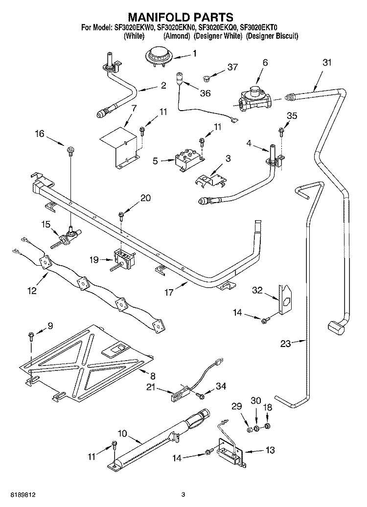 MANIFOLD Diagram and Parts List for SF3020EKT0  Whirlpool Range