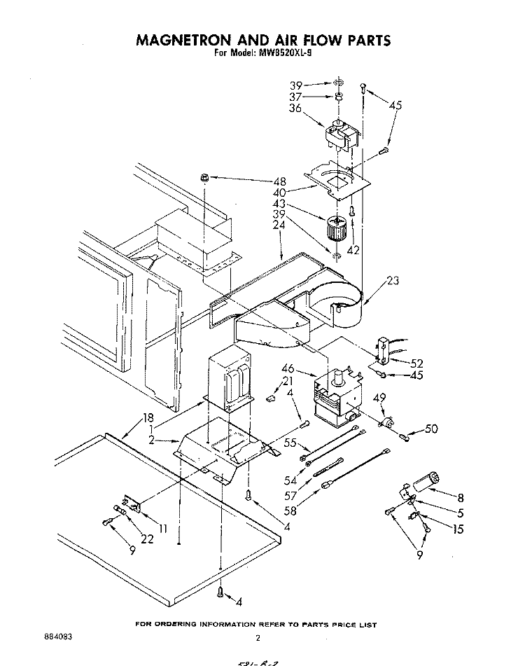 MAGNETRON AND AIRFLOW Diagram and Parts List for MW8520XL9  Whirlpool Microwave