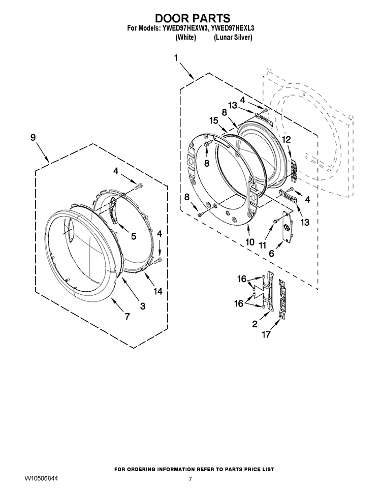 DOOR PARTS Diagram and Parts List for YWED97HEXW3  Whirlpool Dryer