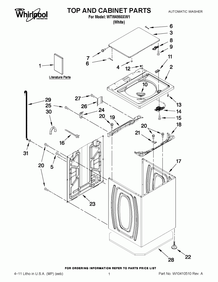 TOP AND CABINET PARTS Diagram and Parts List for WTW4950XW1  Whirlpool Washer