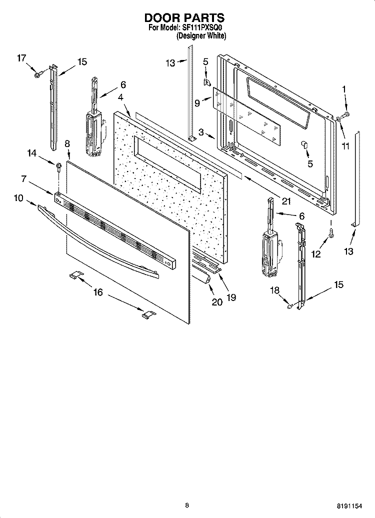 DOOR PARTS, OPTIONAL PARTS (NOT INCLUDED) Diagram and Parts List for SF111PXSQ0  Whirlpool Range
