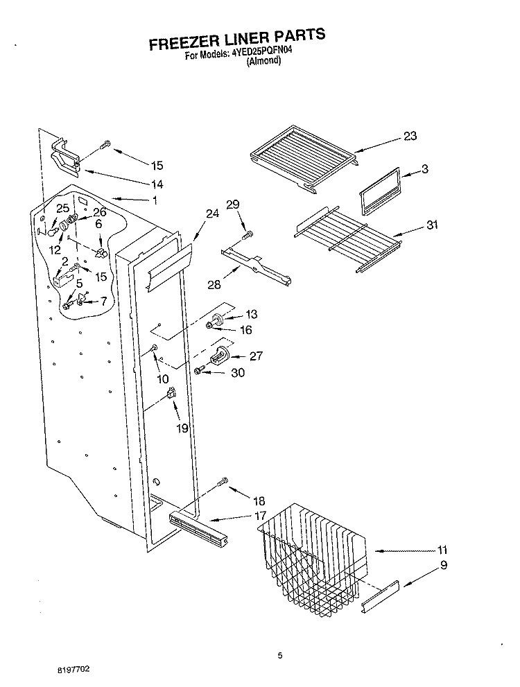 FREEZER LINER Diagram and Parts List for 4YED25PQFN04  Whirlpool Refrigerator