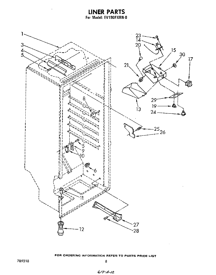LINER Diagram and Parts List for EV190FXRW0  Whirlpool Freezer