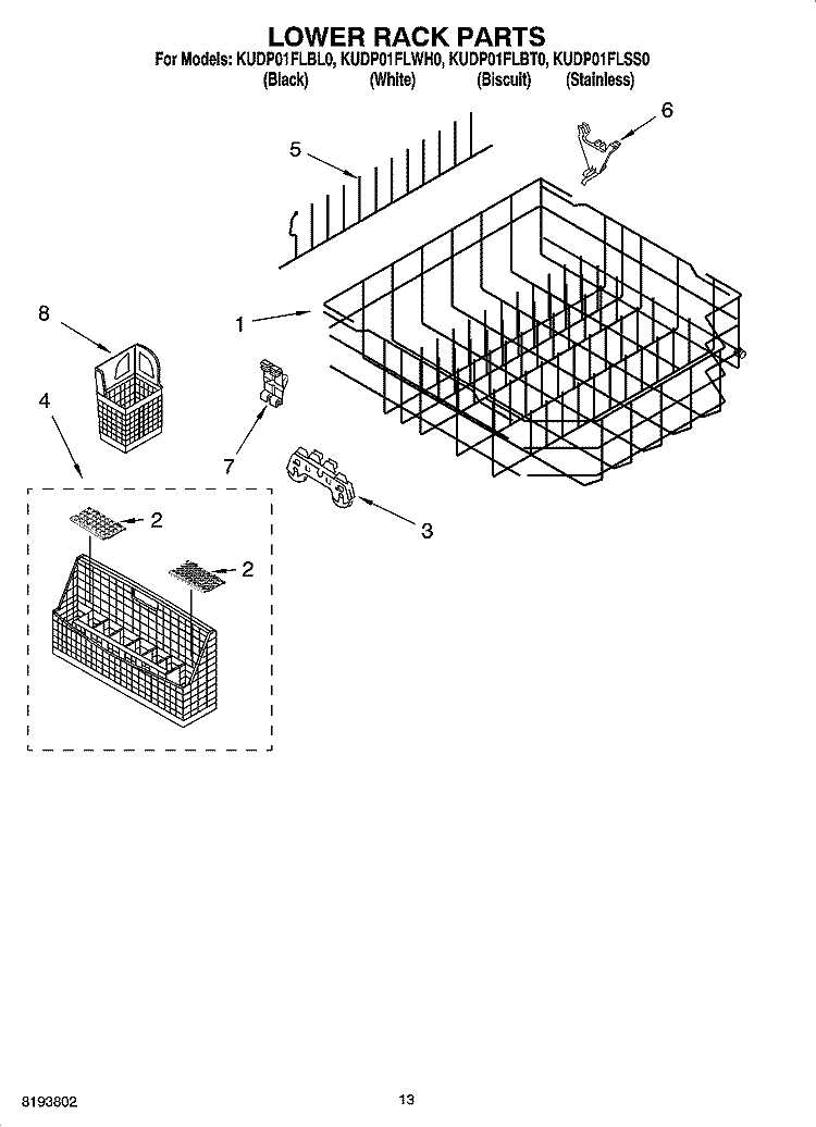 LOWER RACK PARTS Diagram and Parts List for KUDP01FLBT0  KitchenAid Dishwasher