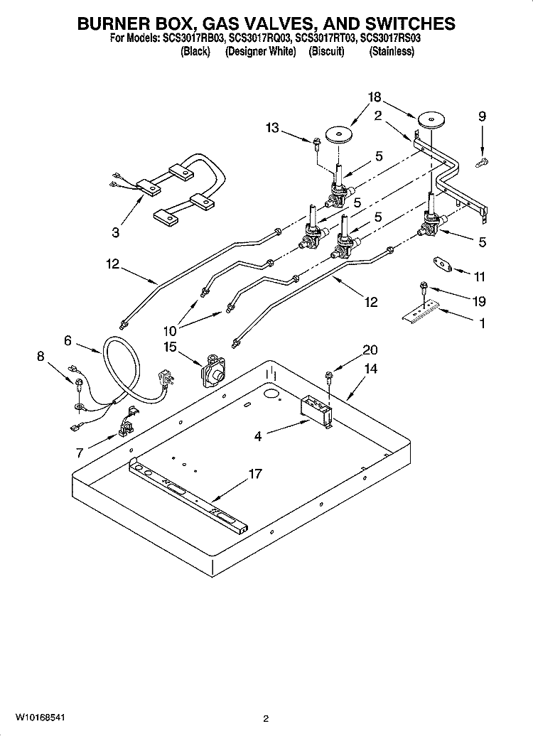 BURNER BOX, GAS VALVES, AND SWITCHES Diagram and Parts List for SCS3017RS03  Whirlpool Cooktop
