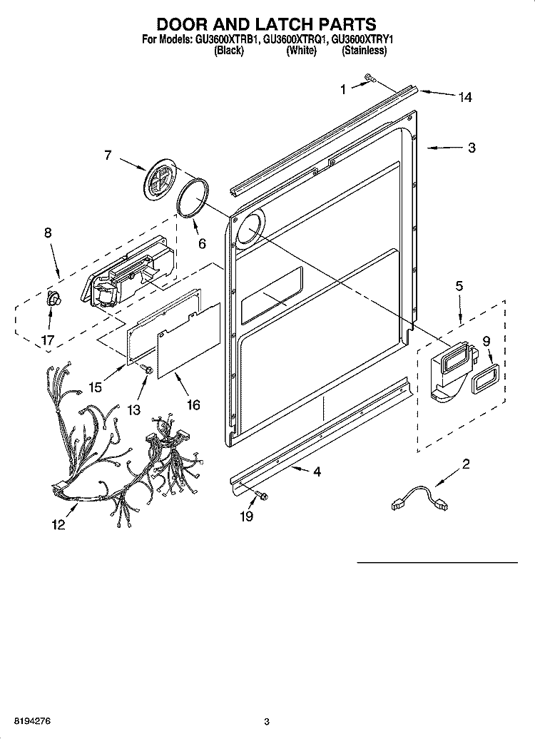 DOOR AND LATCH PARTS Diagram and Parts List for GU3600XTRB1  Whirlpool Dishwasher
