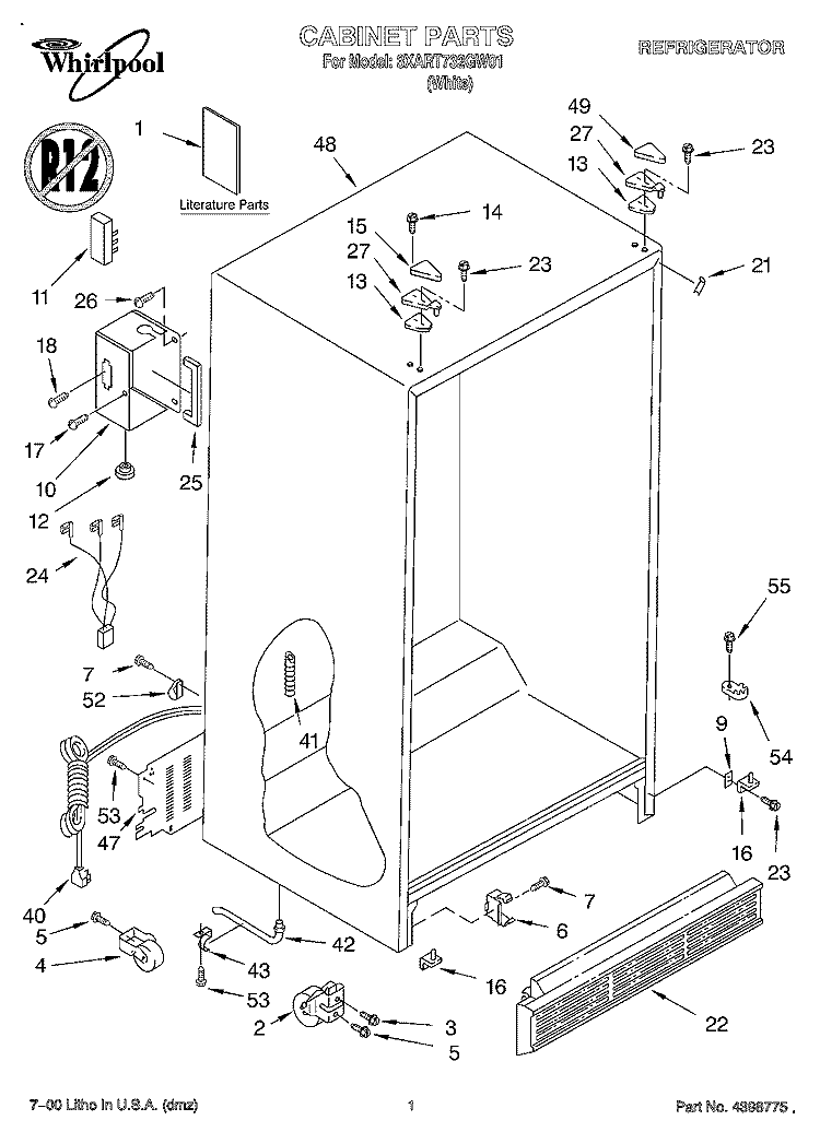 CABINET, LITERATURE Diagram and Parts List for 3XART732GW01  Whirlpool Refrigerator